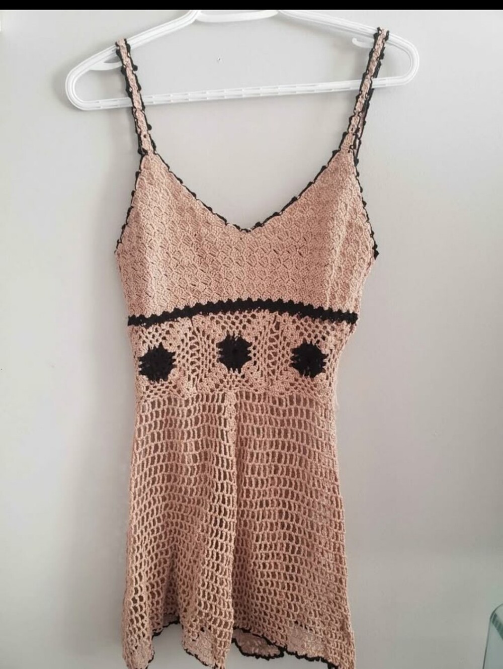 Pink Crochet Swim Coverup Dress with Black Trim